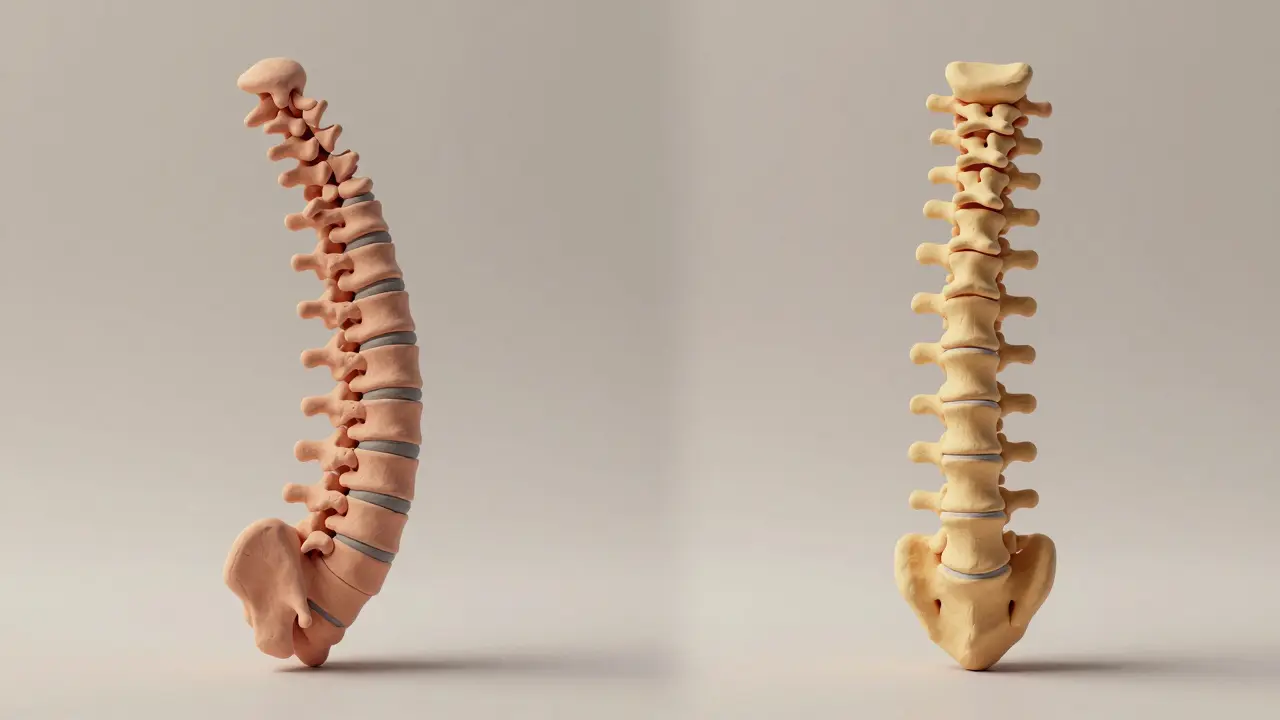 Clay model comparison between a healthy spine and a bamboo spine with bony fusion.