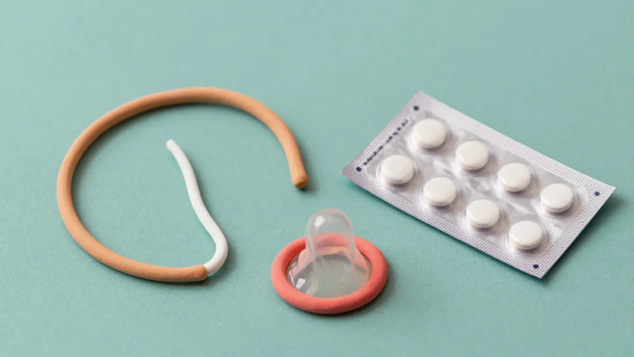 Clay models of a copper IUD, birth control pills, and a condom on a teal background.