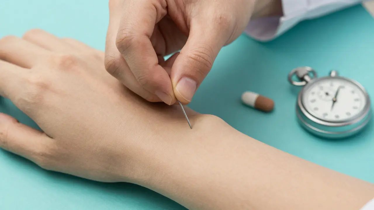 Clay rendering of a medical skin prick test and an oral challenge pill.
