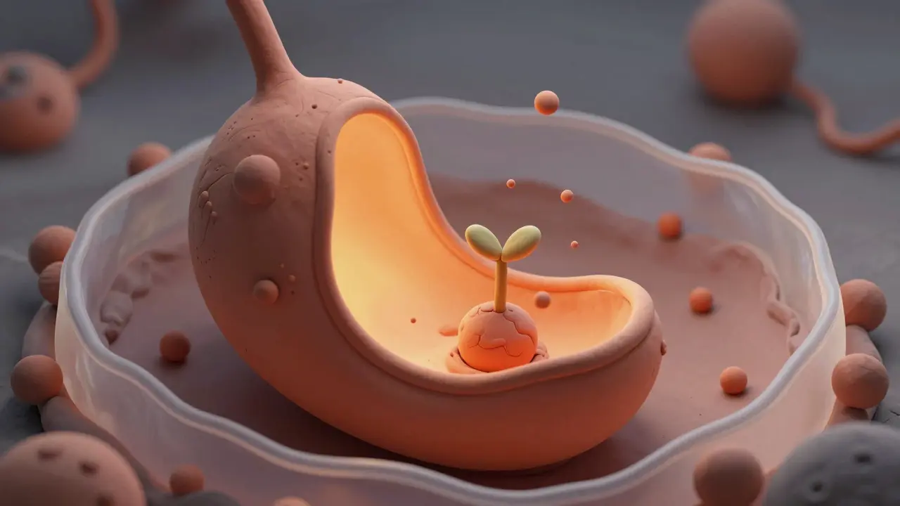 Glowing clay womb with particles crossing protective barrier