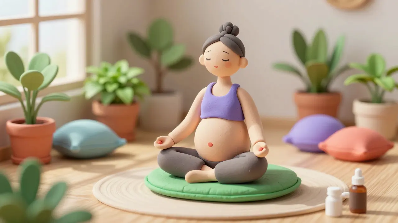 Pregnant person meditating in peaceful room with plants